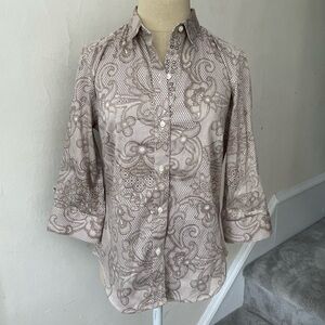 Robert Graham Women’s Brown Lace Print Beige 3/4 Sleeve Slim Fit Button Down 4